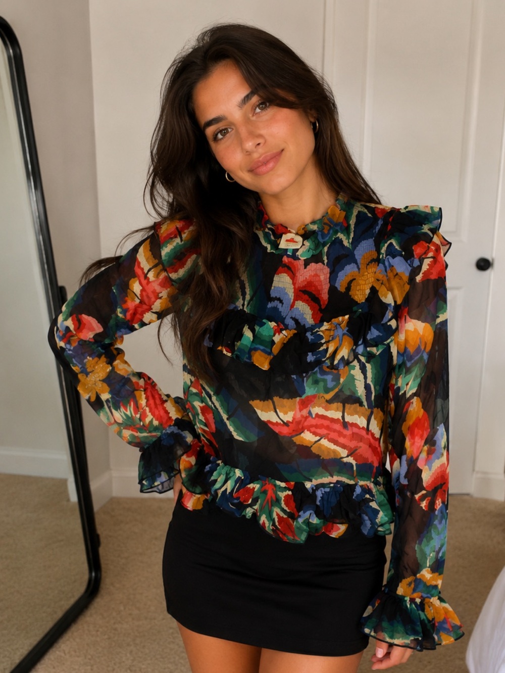 FARM Rio Multicolor Ruffle Floral Sheer Blouse